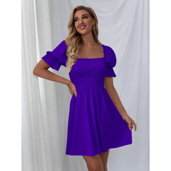 WDIRARA Women's Square Neck Flounce Short Sleeve Shirred Ruffle Hem Dress