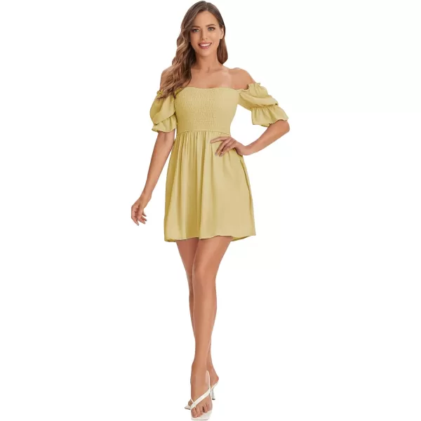 WDIRARA Women's Square Neck Flounce Short Sleeve Shirred Ruffle Hem Dress