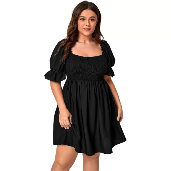 WDIRARA Women's Square Neck Flounce Short Sleeve Shirred Ruffle Hem Dress