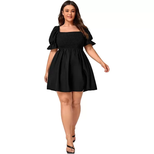 WDIRARA Women's Square Neck Flounce Short Sleeve Shirred Ruffle Hem Dress