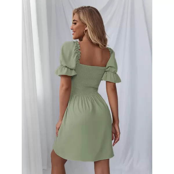 WDIRARA Women's Square Neck Flounce Short Sleeve Shirred Ruffle Hem Dress