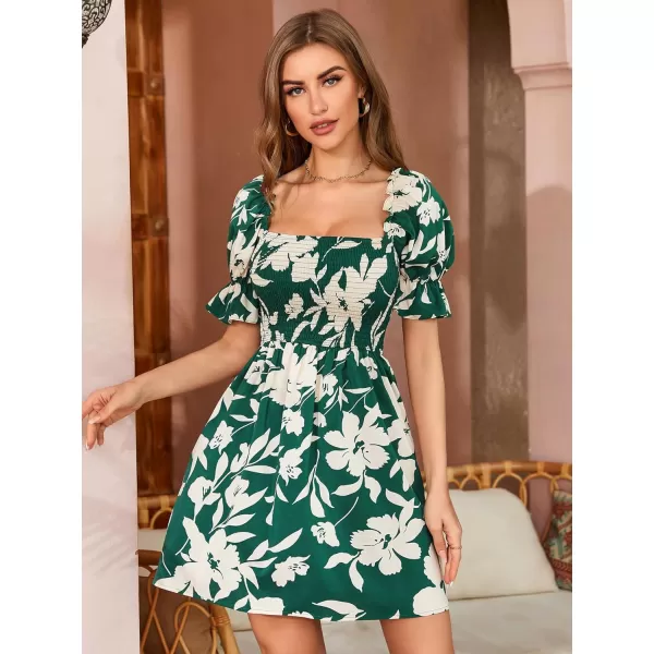 WDIRARA Women's Square Neck Flounce Short Sleeve Shirred Ruffle Hem Dress
