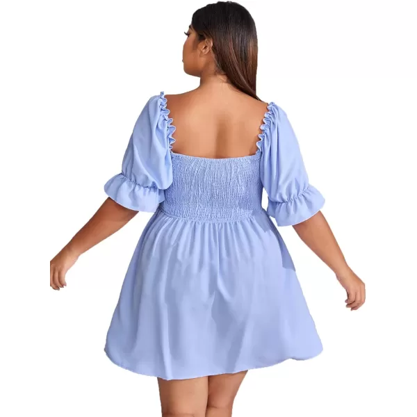 WDIRARA Women's Square Neck Flounce Short Sleeve Shirred Ruffle Hem Dress