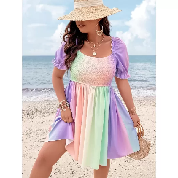 WDIRARA Women's Square Neck Flounce Short Sleeve Shirred Ruffle Hem Dress