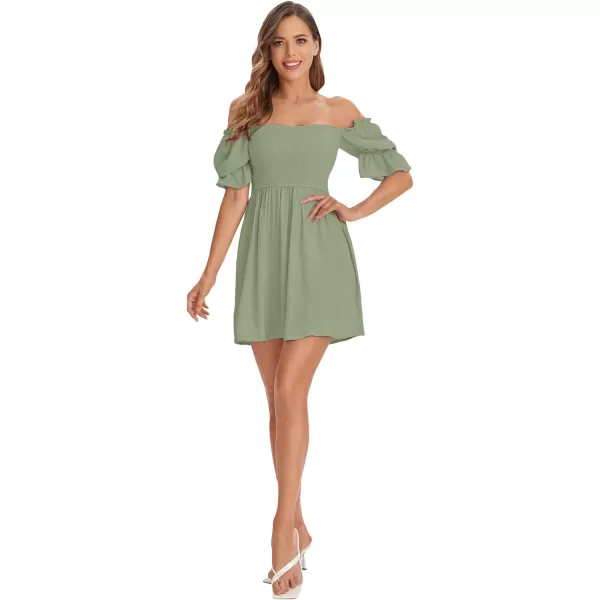 WDIRARA Women's Square Neck Flounce Short Sleeve Shirred Ruffle Hem Dress