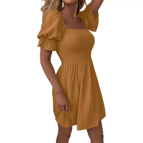 WDIRARA Women's Square Neck Flounce Short Sleeve Shirred Ruffle Hem Dress