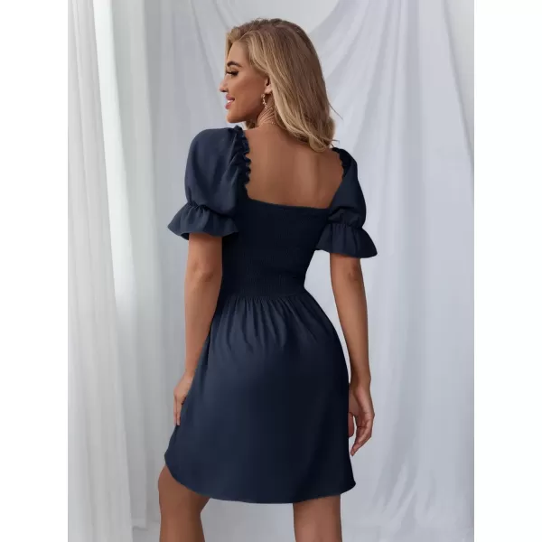 WDIRARA Women's Square Neck Flounce Short Sleeve Shirred Ruffle Hem Dress