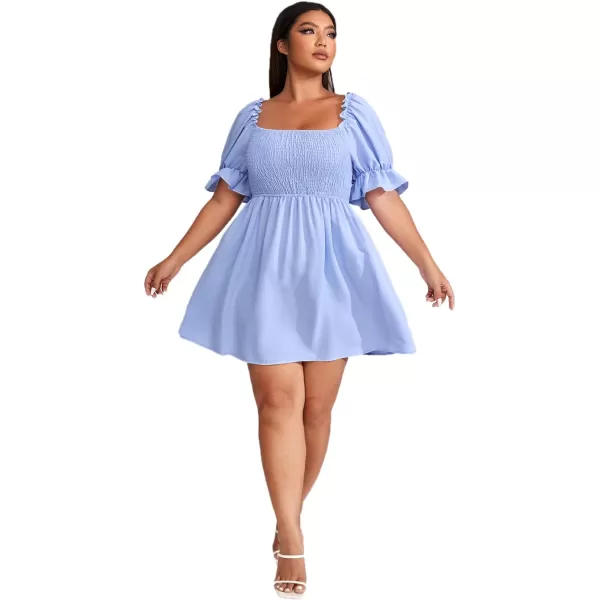 WDIRARA Women's Square Neck Flounce Short Sleeve Shirred Ruffle Hem Dress