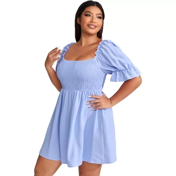 WDIRARA Women's Square Neck Flounce Short Sleeve Shirred Ruffle Hem Dress