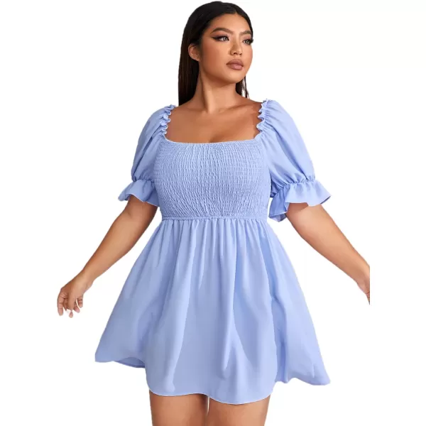 WDIRARA Women's Square Neck Flounce Short Sleeve Shirred Ruffle Hem Dress