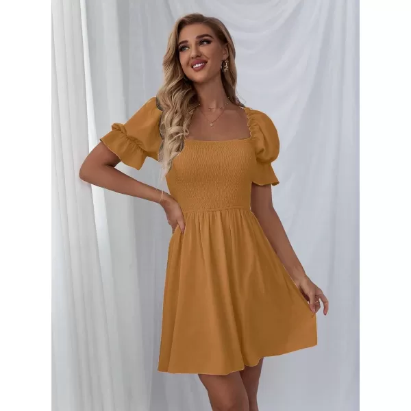 WDIRARA Women's Square Neck Flounce Short Sleeve Shirred Ruffle Hem Dress