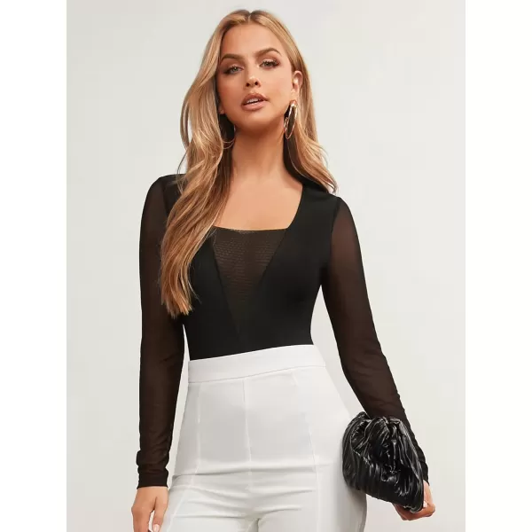 WDIRARA Women's Square Neck Mesh Long Sleeve Elegant Simple Fitted Top Bodysuit