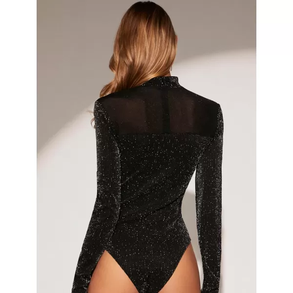 WDIRARA Women's Square Neck Mesh Long Sleeve Elegant Simple Fitted Top Bodysuit