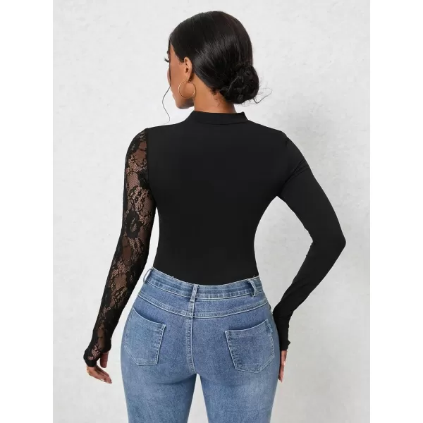 WDIRARA Women's Square Neck Mesh Long Sleeve Elegant Simple Fitted Top Bodysuit