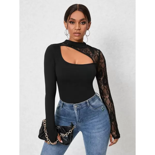 WDIRARA Women's Square Neck Mesh Long Sleeve Elegant Simple Fitted Top Bodysuit