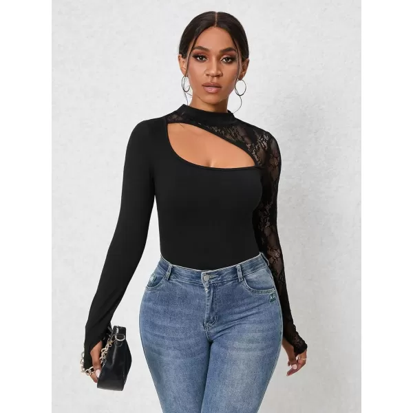 WDIRARA Women's Square Neck Mesh Long Sleeve Elegant Simple Fitted Top Bodysuit