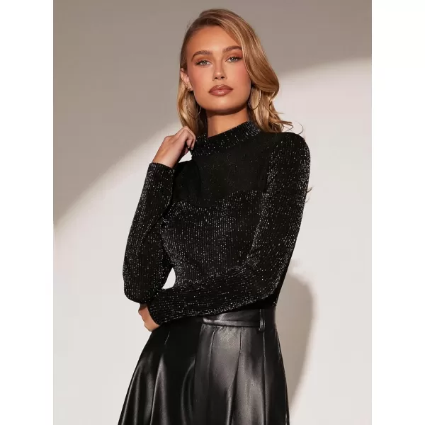 WDIRARA Women's Square Neck Mesh Long Sleeve Elegant Simple Fitted Top Bodysuit