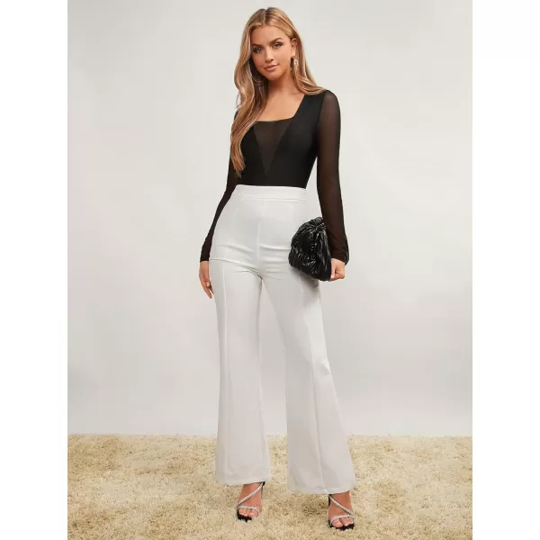 WDIRARA Women's Square Neck Mesh Long Sleeve Elegant Simple Fitted Top Bodysuit