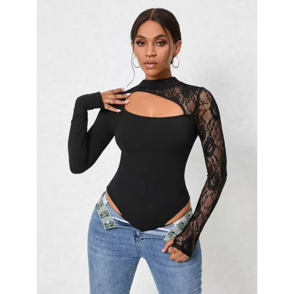 WDIRARA Women's Square Neck Mesh Long Sleeve Elegant Simple Fitted Top Bodysuit