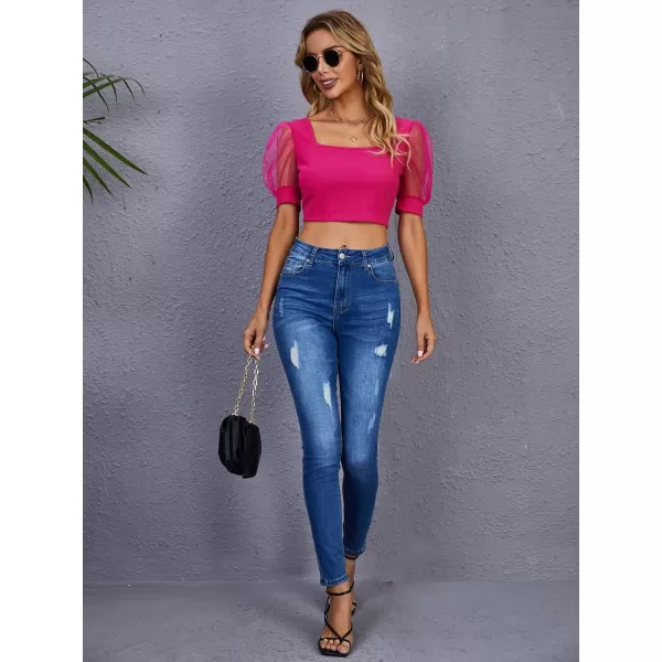 WDIRARA Women's Square Neck Mesh Puff Short Sheer Sleeve Crop Top Slim T Shirt