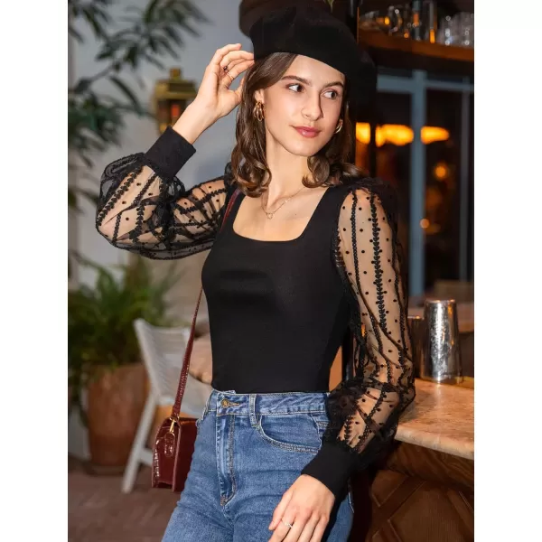 WDIRARA Women's Square Neck Mesh Sheer Bishop Long Sleeve Top Bouse Shirt