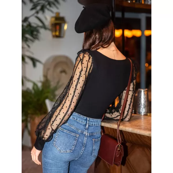 WDIRARA Women's Square Neck Mesh Sheer Bishop Long Sleeve Top Bouse Shirt