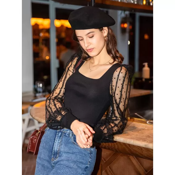 WDIRARA Women's Square Neck Mesh Sheer Bishop Long Sleeve Top Bouse Shirt