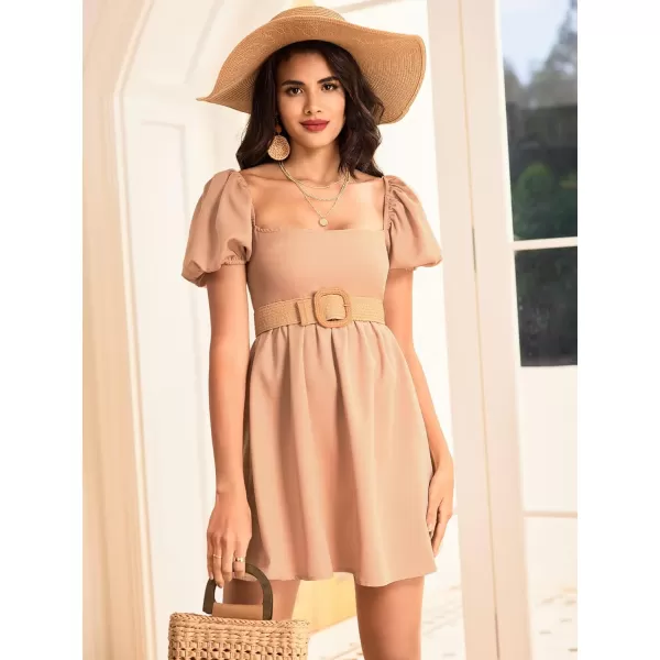 WDIRARA Women's Square Neck Puff Short Sleeve Backless Ruffle Hem A Line Dress