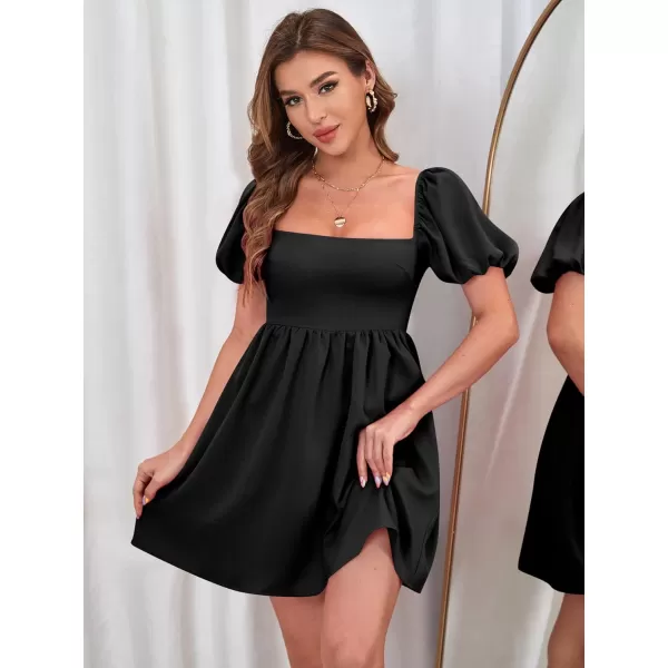 WDIRARA Women's Square Neck Puff Short Sleeve Backless Ruffle Hem A Line Dress