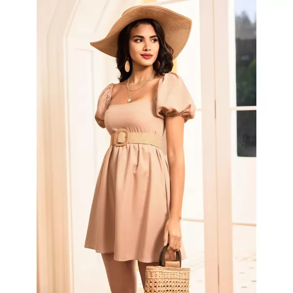 WDIRARA Women's Square Neck Puff Short Sleeve Backless Ruffle Hem A Line Dress