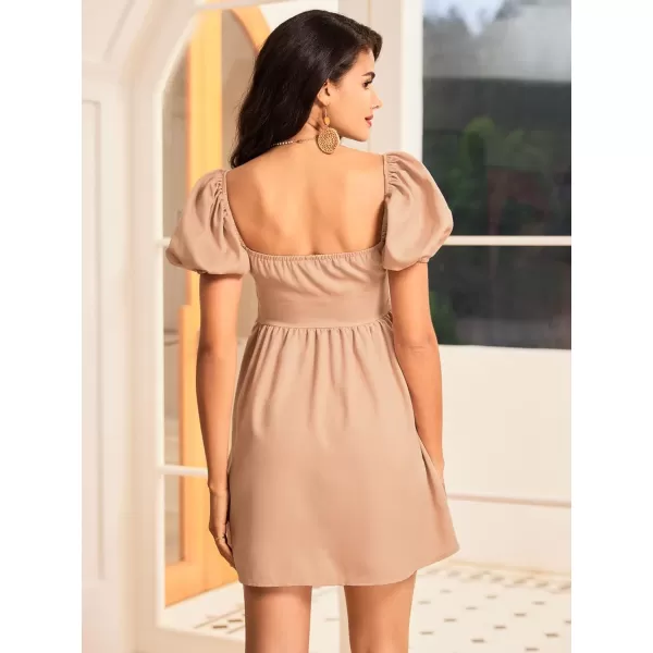 WDIRARA Women's Square Neck Puff Short Sleeve Backless Ruffle Hem A Line Dress