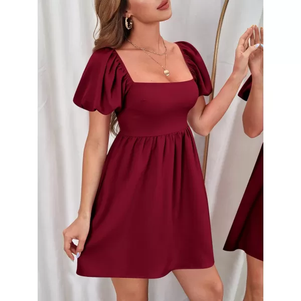 WDIRARA Women's Square Neck Puff Short Sleeve Backless Ruffle Hem A Line Dress