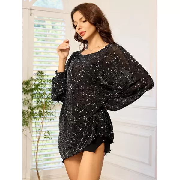 WDIRARA Women's Star Print Mesh Glitter T Shirt Round Neck Long Sleeve Oversized Sparkly Sequin Party Night Rave Tee Top