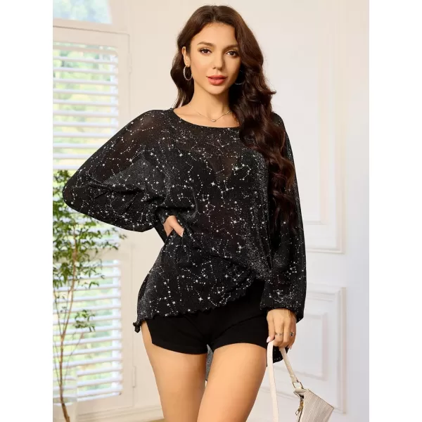 WDIRARA Women's Star Print Mesh Glitter T Shirt Round Neck Long Sleeve Oversized Sparkly Sequin Party Night Rave Tee Top