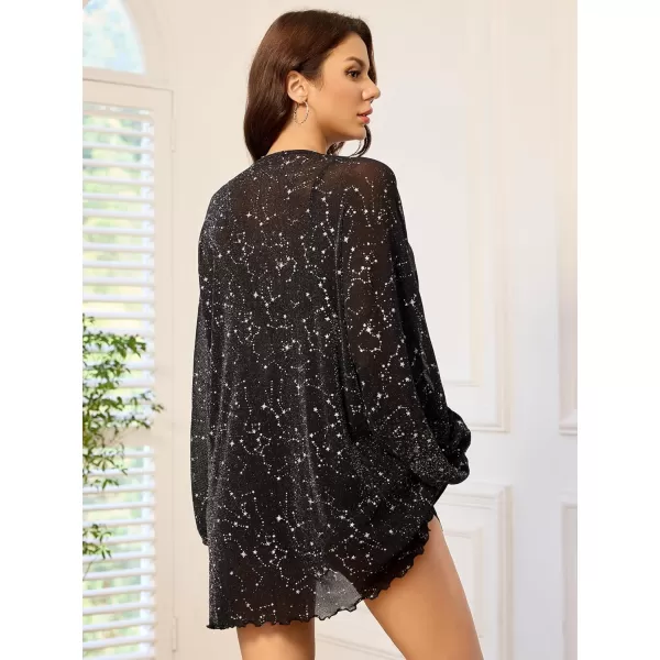 WDIRARA Women's Star Print Mesh Glitter T Shirt Round Neck Long Sleeve Oversized Sparkly Sequin Party Night Rave Tee Top