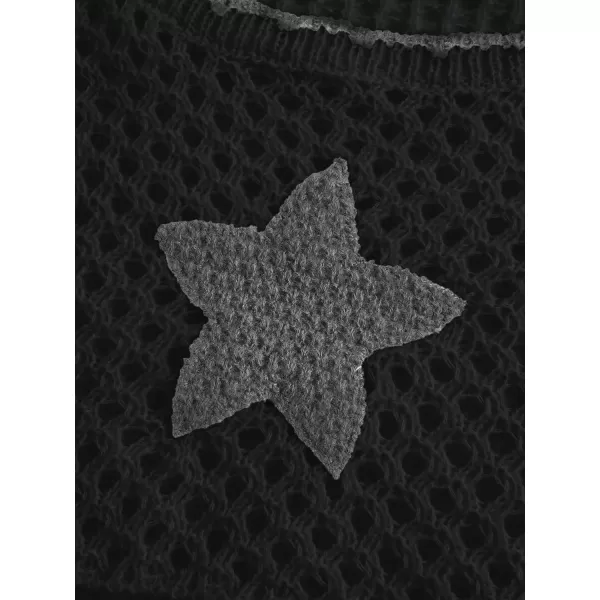 WDIRARA Women's Star Striped Print Long Sleeve Crop Sweater Round Neck Hollow Out Pullovers Knitwear