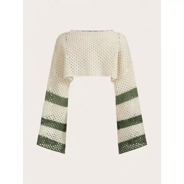 WDIRARA Women's Star Striped Print Long Sleeve Crop Sweater Round Neck Hollow Out Pullovers Knitwear