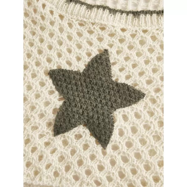 WDIRARA Women's Star Striped Print Long Sleeve Crop Sweater Round Neck Hollow Out Pullovers Knitwear