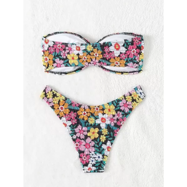 WDIRARA Women's Strapless Bandeau Smocked 2 Piece Swimsuit Floral Print O Ring Cheeky Bottom Bikini Set Bathing Suit