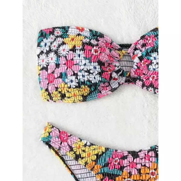 WDIRARA Women's Strapless Bandeau Smocked 2 Piece Swimsuit Floral Print O Ring Cheeky Bottom Bikini Set Bathing Suit