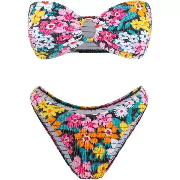 WDIRARA Women's Strapless Bandeau Smocked 2 Piece Swimsuit Floral Print O Ring Cheeky Bottom Bikini Set Bathing Suit