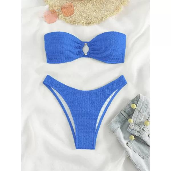 WDIRARA Women's Strapless Bandeau Smocked 2 Piece Swimsuit Floral Print O Ring Cheeky Bottom Bikini Set Bathing Suit