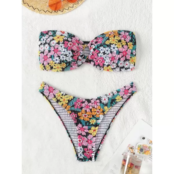 WDIRARA Women's Strapless Bandeau Smocked 2 Piece Swimsuit Floral Print O Ring Cheeky Bottom Bikini Set Bathing Suit