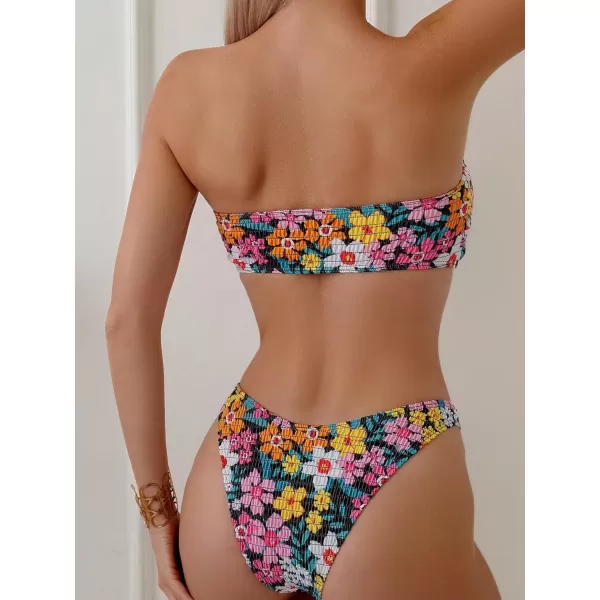 WDIRARA Women's Strapless Bandeau Smocked 2 Piece Swimsuit Floral Print O Ring Cheeky Bottom Bikini Set Bathing Suit