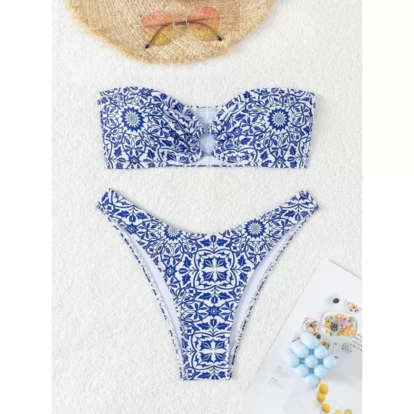 WDIRARA Women's Strapless Bandeau Smocked 2 Piece Swimsuit Floral Print O Ring Cheeky Bottom Bikini Set Bathing Suit