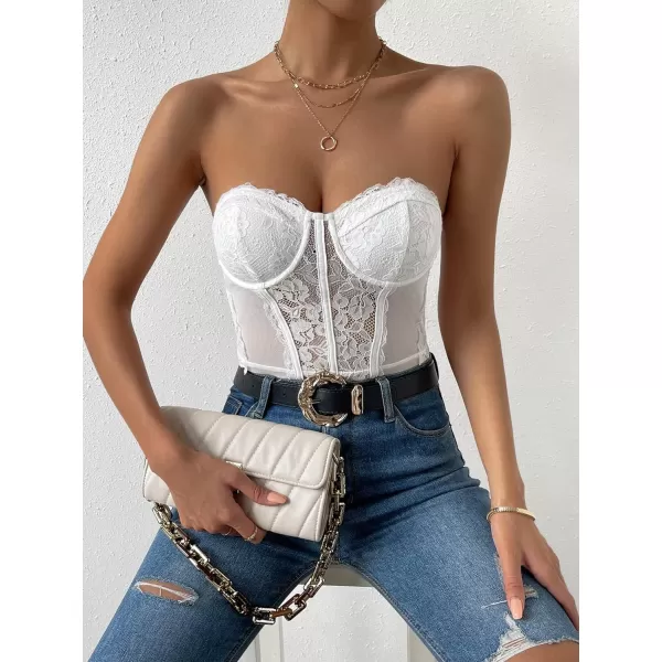 WDIRARA Women's Strapless Sheer Mesh Lace Bustier Sexy Fitted Tube Bodysuit Top
