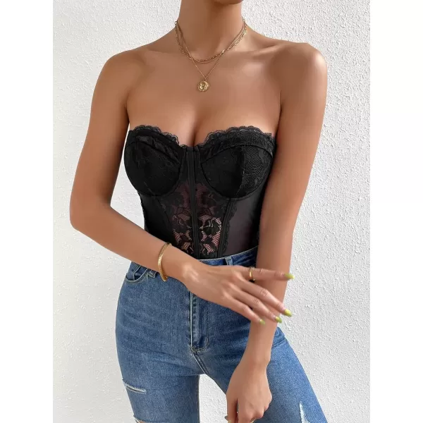 WDIRARA Women's Strapless Sheer Mesh Lace Bustier Sexy Fitted Tube Bodysuit Top