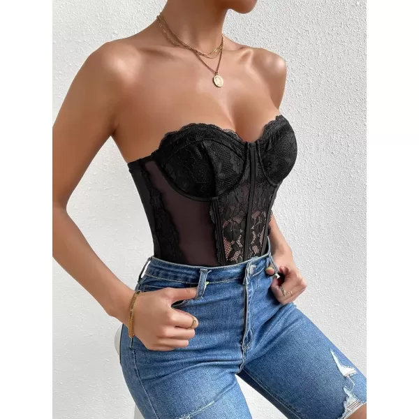WDIRARA Women's Strapless Sheer Mesh Lace Bustier Sexy Fitted Tube Bodysuit Top