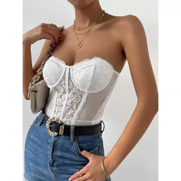 WDIRARA Women's Strapless Sheer Mesh Lace Bustier Sexy Fitted Tube Bodysuit Top