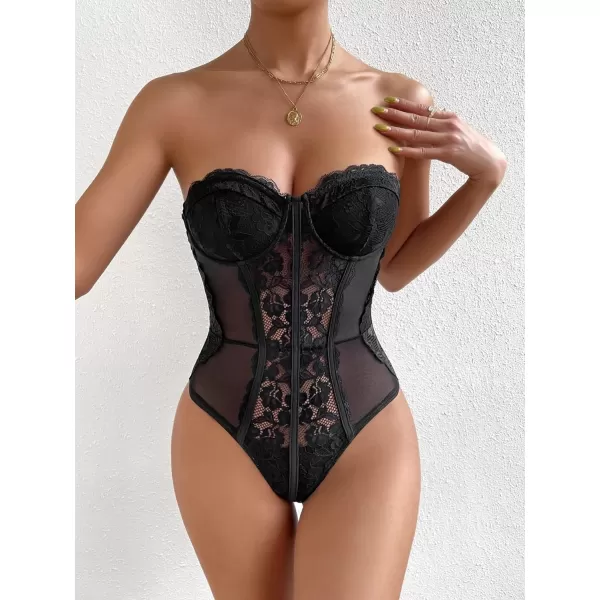 WDIRARA Women's Strapless Sheer Mesh Lace Bustier Sexy Fitted Tube Bodysuit Top